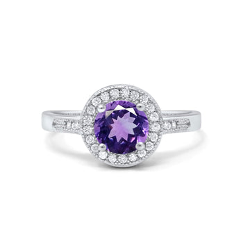14K White Gold 0.94ct Round Art Deco 6mm G SI Natural Amethyst Diamond Engagement Wedding Ring Size 6.5